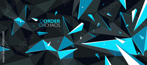 Abstract polygonal vector background of low poly surface and broken shapes particles in motion, black and blue colors order and chaos creative concept.