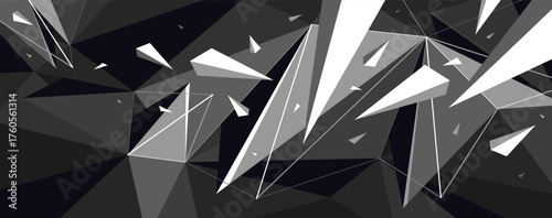 Dark polygonal vector abstract background, low poly surface with explosion of flying debris particles, 3D dynamism broken structure, motion force elements.