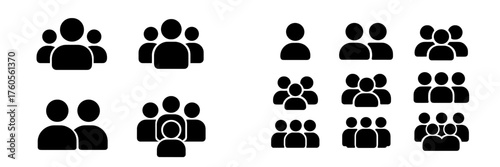 Various black and white icons representing groups of people for visual representation of social dynamics