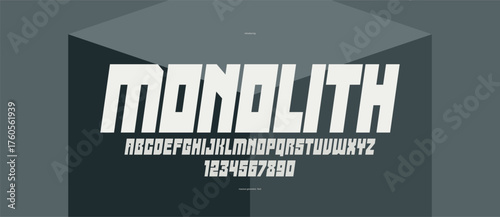 Brutal geometric square and bold and strong vector geometric font for logos and emblems, display typeface for posters, heavy and thick letters alphabet in modern style, italic version.