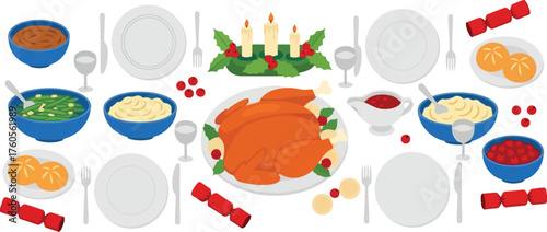 Festive thanksgiving dinner spread autumn harvest meal celebration family gathering food plates vector