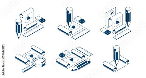 Engineer education concept set, engineering project draft plan drawing in progress, learning study student in college, vector 3D isometric icon or logo with paper blueprint and pencil.