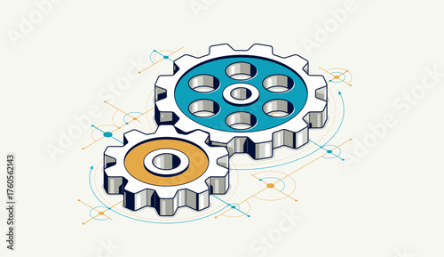 Mechanical engineering concept, gears and cogs with project drawing draft isometric 3D vector illustration, cogwheels system technology and technics machinery engine.