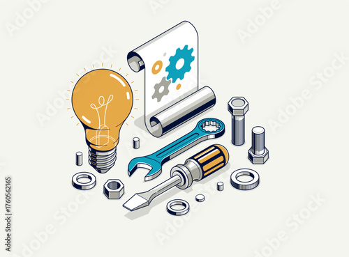 Innovation, invention and solution concept, light bulb with gear vector 3D isometric illustration or icon, technology and technics, mechanical engineering.