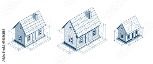 Cottage house for rest project concept set, 3D isometric vector illustration of a small house building project, countryside small house cabin in village or nature.
