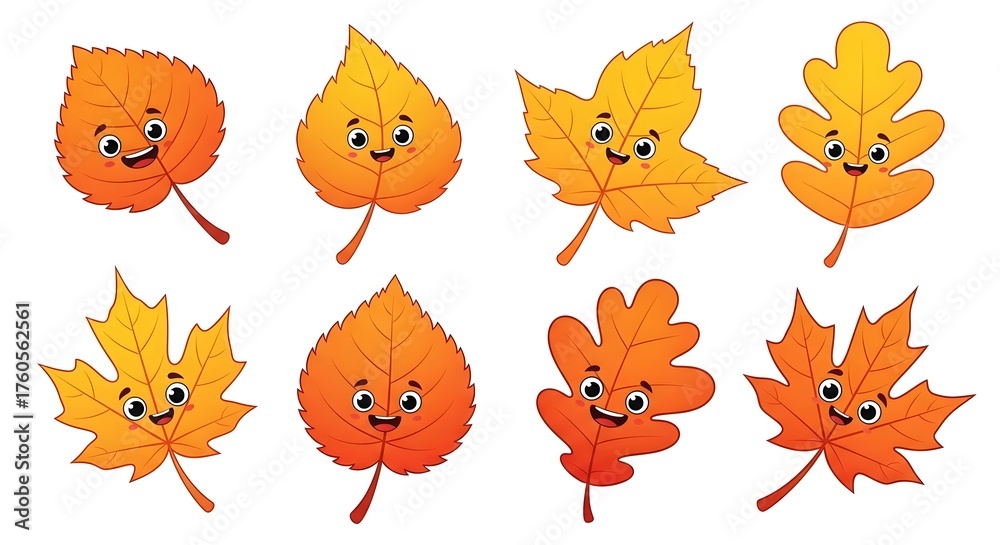 Obraz premium Cute Autumn Leaves with Faces - A Collection of Cartoon Fall Foliage Illustrations