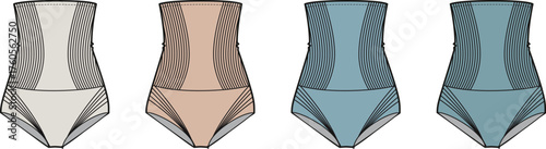 A collection of modern women's one-piece swimsuits presented as flat vector illustrations, showcasing various neutral and cool color palettes for versatile fashion and apparel design projects