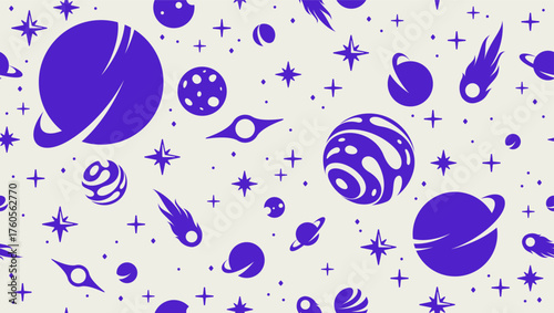 Space seamless background, vector planets and comets flying in cosmos endless wallpaper, astronomy for children tiling pattern, elements easy to use separately.