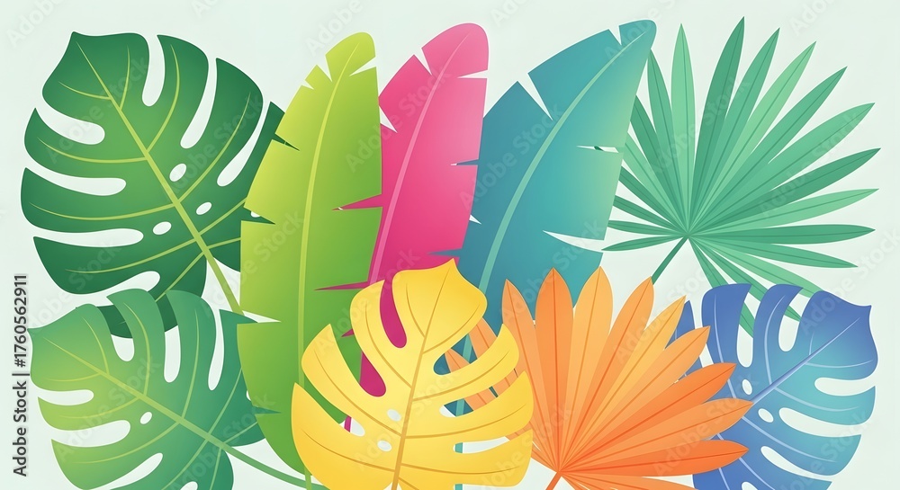 Fototapeta premium Vibrant Tropical Leaves Collection Vector Art in a Spectrum of Colors