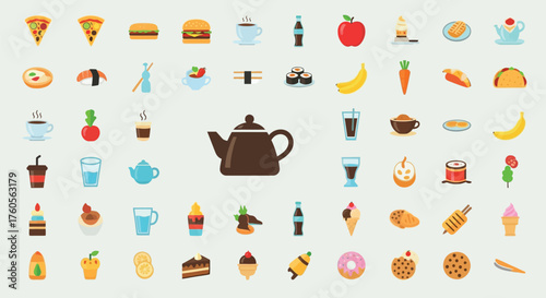 Delicious food and drink icons perfect for vibrant menu designs, creating engaging social media posts, or adding a fun touch to your restaurant's website