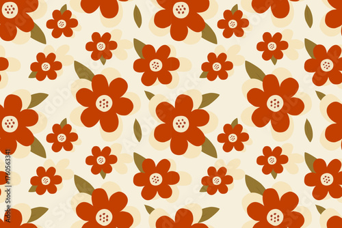 Retro floral pattern with bold orange flowers and olive-green leaves on a soft cream background — ideal for vintage fabric, wallpaper, and home décor.
