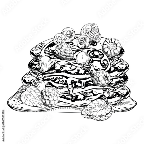 Ceramic platter with fresh raspberries and blueberries on pancake tower, melted chocolate syrup ganache. Isolated hand drawn vector ink artwork. Recipe layouts, dessert border designs, cafe signage.