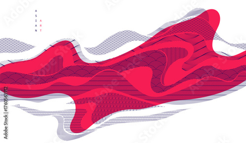 Abstract oriental Japanese art vector background in red color, traditional style design, wavy shapes and mountains terrain landscape, runny like sea lines.