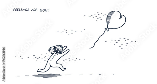 Feelings are gone concept, vector illustration of a person running and trying to catch heart shaped balloon on a wind, love is gone, let it go.