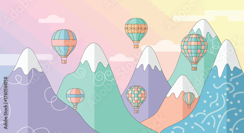 Dreamy mountain adventure with colorful hot air balloons floating in pastel skies, perfect for children's books, travel posters, or whimsical designs
