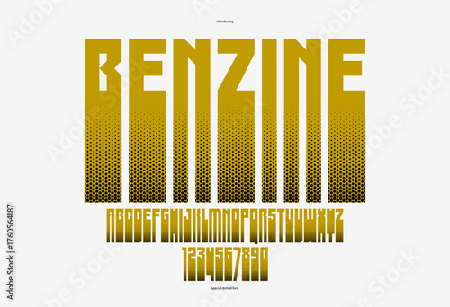 Halftone dotted futuristic cyberpunk font for logos and posters, vector brutal industrial typeface alphabet letters and numbers, urban technic future typography.