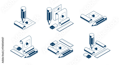 Engineering project concept set, paper document blueprint with pencil engineer work job vector 3D isometric illustration, abstract plan drawing, cad scheme icon.