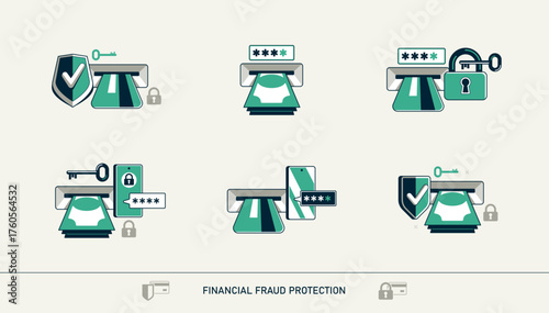 Financial fraud protection, secured cash withdrawal from ATM vector detailed icon, safe cash out from credit card.
