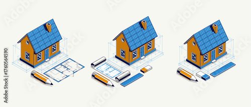 House project concept set, 3D isometric vector illustration of a small house and blueprint building project, construction architectural model, residential family small house.