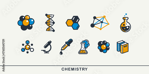 Chemistry vector detailed icons set, science theme, laboratory flasks and microscopic molecules, pharmacology and biochemistry.