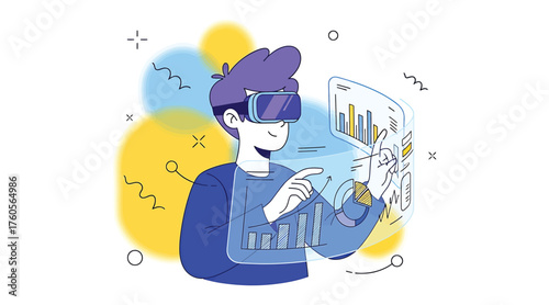 Vector art of a person wearing a virtual reality headset interacts with data displayed in the air, the future of data analysis and visualization