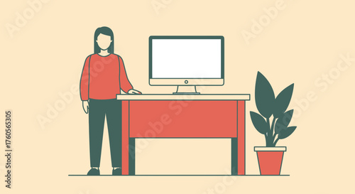 Person standing by desk with computer and plant