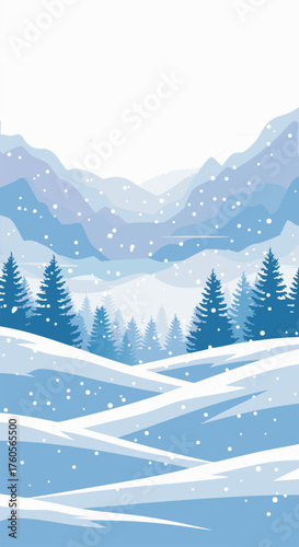 Beautiful winter wonderland illustration featuring snow-covered mountains, evergreen trees, and falling snowflakes, creating a tranquil and serene seasonal backdrop