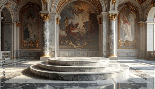Ornate hall with paintings and marble platform