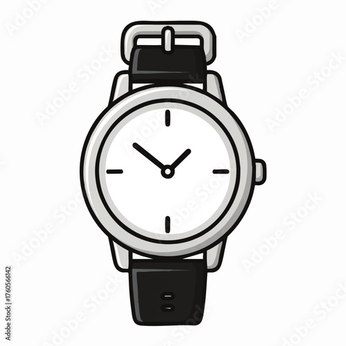 A simple flat vector illustration of a classic analog wristwatch with a black leather strap.