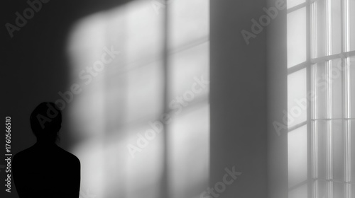 Black and white photograph of a person standing in front of a large window. the person is facing away from the camera, with their back to the viewer.
