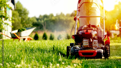 Photos Woman with lawn mower in the garden