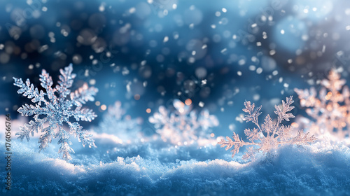 Macro Snowflakes On Snow - Christmas And Winter Background