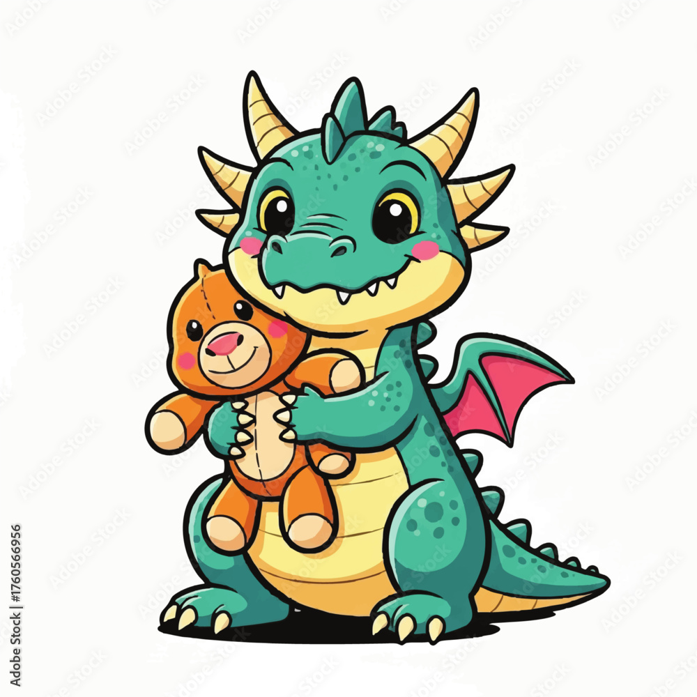 Fototapeta premium Cute cartoon baby dragon holding a small teddy bear toy isolated on white background.