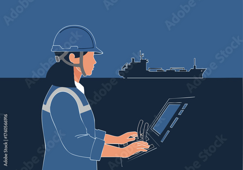 A female engineer monitors a ship from a laptop, highlighting technology and maritime operations. A modern, professional scene.
