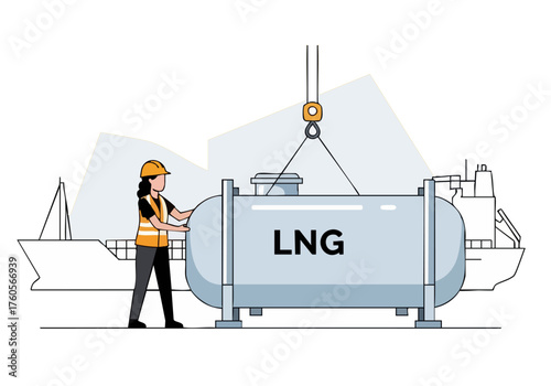 Engineer secures an LNG tank aboard a ship. Clear, professional illustration showcasing logistics and industrial operations. Modern, clean style.