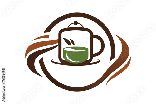 Tea Cup Logo with Green Drink and Brown Swirl Design