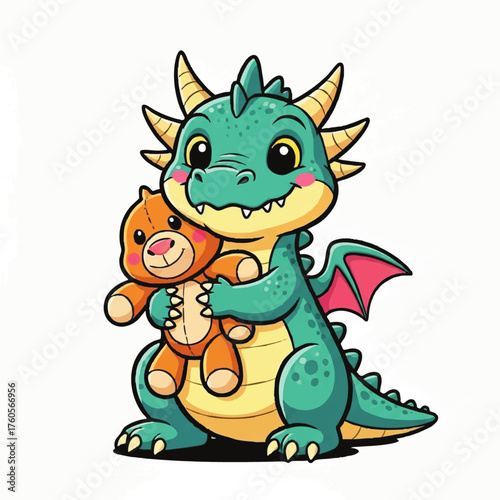 Cute cartoon baby dragon holding a small teddy bear toy isolated on white background.