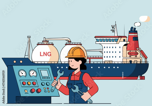 A female engineer maintains systems aboard an LNG carrier. Detailed illustration showcases technical work and maritime operations. Modern, clean style.