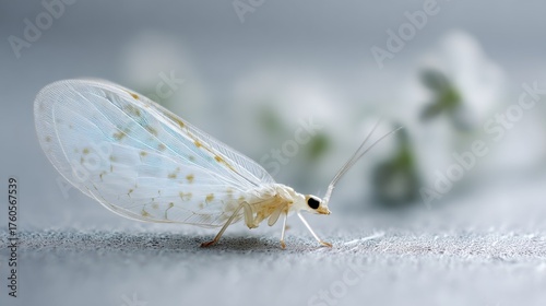 Close-up of a white insect, specifically a lacewing, on a gray surface. the insect has a long, slender body with a pointed head and two antennae on either side.