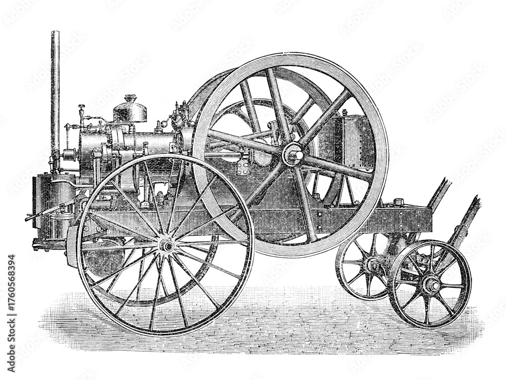 Fototapeta premium Locomobile, an automobile and railway vehicle, old vintage illustration, 1899