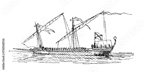Photos 18th century military galley, old vintage illustration, 1879