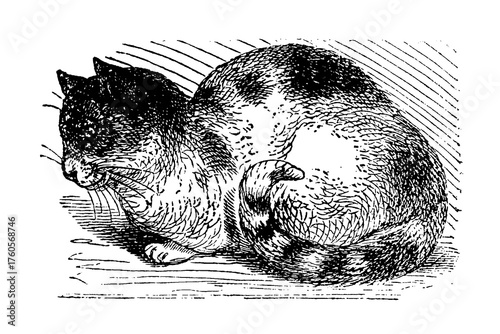 Sleeping Domestic Cat, old vintage illustration, 1894