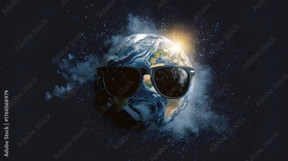 Fototapeta premium Planet Earth wearing sunglasses with a bright sun and cosmic explosion