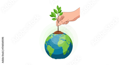 Hand planting a sapling on planet earth, symbolizing environmentalism, sustainability, and a greener future for all