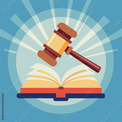 Judge’s Gavel and Open Book – Stylized Legal Illustration with Rays of Justice”