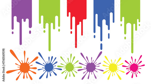 Vector art of colorful paint drips and splashes, creating a vibrant and playful design with a variety of hues and dynamic shapes for creative projects