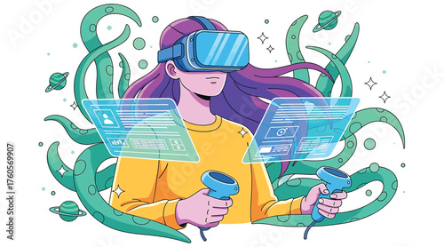 Vector art of a woman immersed in virtual reality, wearing a vr headset and holding controllers, surrounded by floating screens and cosmic elements