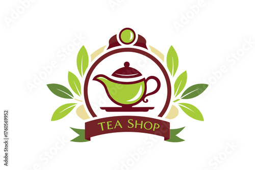 Tea Shop Logo with Teapot, Steam and Green Leaves