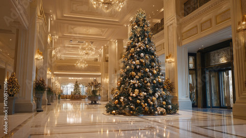 ホテルのロビーに飾られた豪華なクリスマスツリーと華やかなホリデー装飾