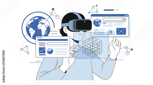 Vector art of a person wearing a vr headset interacting with virtual data and a globe illustrates virtual reality, data visualization, and global connectivity